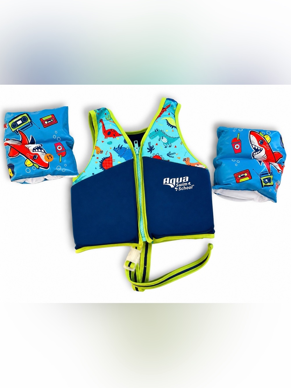 Aqua Swim School Kids Swim Vest with Matching Arm Floaties-Shark Print, 4-6years